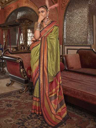 Stunning Olive Green Zari Weaving Silk Function Wear Saree With Blouse